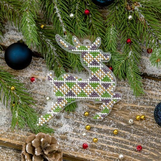Wonderland Crafts Pastel Fair Isle Reindeer Ornament Bead Embroidery on Plastic Kit